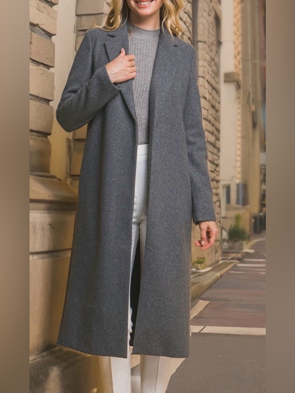 Love Tree Long Grey Open Front light weight faux Wool Coat